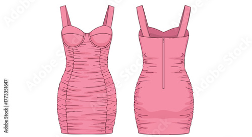 Pink dress sketch: Detailed illustration of a contemporary mini dress with a flattering silhouette and a modern, ruched design, showcasing front and
