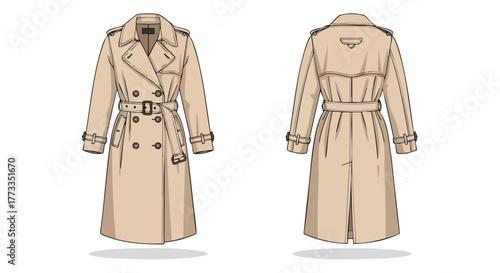Detailed digital illustration showcasing a double-breasted beige trench coat from front and back perspectives