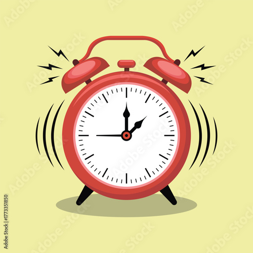 Red Alarm Clock Ringing Loudly Wake Up Time Cartoon Style Illustration Graphic Design