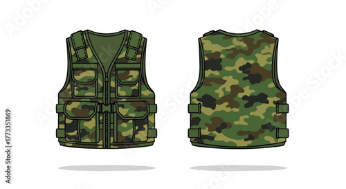 Detailed vector illustration of a camouflage tactical vest offering front and back views showcasing design and practical features