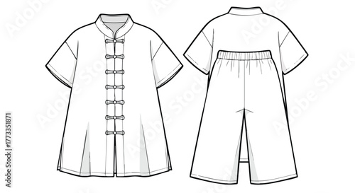 Detailed schematic drawing showcasing a two-piece pajama set with a mandarin collar and decorative frog closures offering front and back views