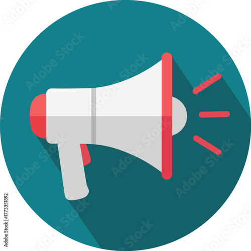 Flat icon of a red and white megaphone with sound waves bullhorn announcement