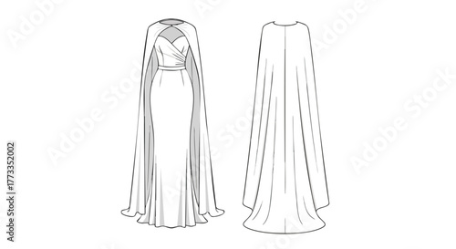 Elegant flowing gown design with dramatic cape detail showcasing a modern fashion illustration