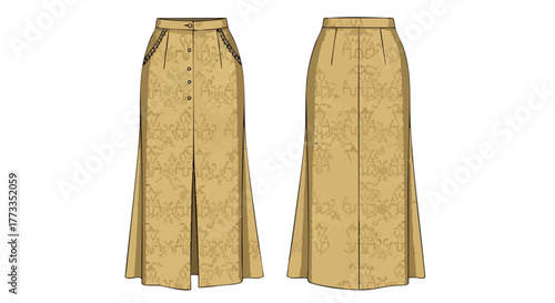 Elegant long golden skirt with a detailed damask pattern showcasing front button closure and a subtle slit design element and the back view