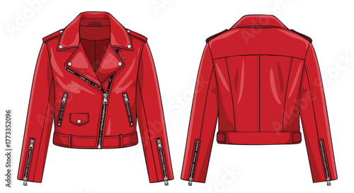 A vibrant red biker jacket: front and back views showcasing its bold style and distinctive design perfectly  suited  for  fashion illustration