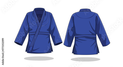 Detailed vector illustration of a blue Jiu-Jitsu Gi showcasing the front and back design, suitable for martial arts athletic apparel product