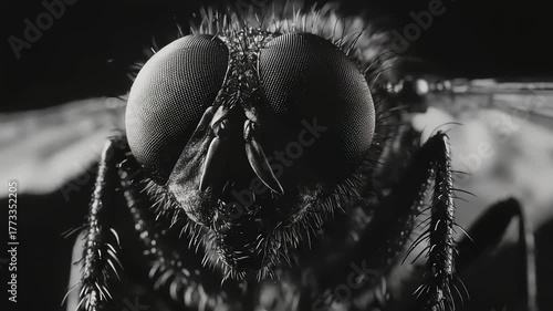 Extreme  monochrome portrait of insect head featuring compound eye detail