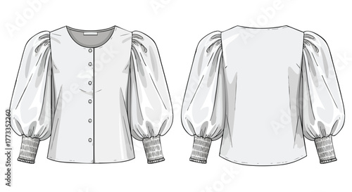 Detailed technical drawing showcasing a women's blouse with distinctive balloon sleeves and button front design in front and back view
