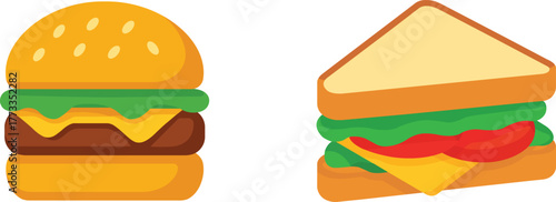 Cartoon Hamburger and Sandwich Vector Illustration, Fast Food Icons on Transparent Background.