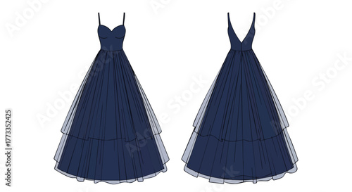 Elegant Evening Gowns: Illustration of Two Navy Blue Dresses with Layered Skirts on a White Background