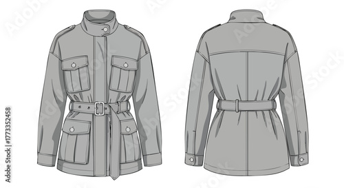 Technical fashion illustration showcasing a belted jacket design with front and back views for garment development