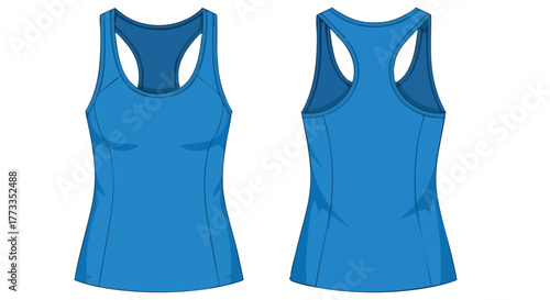 Vibrant blue athletic tank top design featuring a racerback style ideal for fitness and activewear mockups and technical sketches