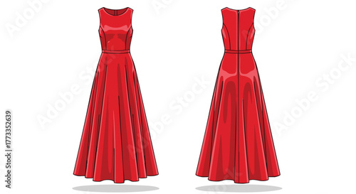 Elegant scarlet gown showcasing front and back designs for fashion illustrations and design projects