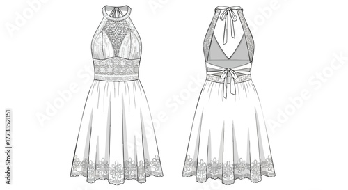 Elegant Halter Dress Technical Drawing: A Detailed Front and Back View for Design Reference