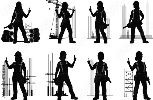 Eight different style illustration of female construction worker silhouette, woman engineer on building site, safety helmet, industrial scaffolding, architecture project vector art