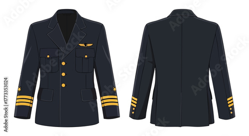 Detailed illustration showcasing the front and back views of a meticulously designed airline pilot's uniform jacket