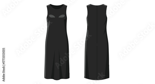 Sleeveless Midi Dress Render: Fashion Design Illustration Showing Front and Back Views of Garment With Simplistic Style and Dark Color Palette