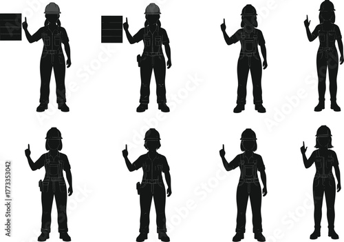 Eight different style illustration of female engineer silhouette giving instruction, construction worker safety uniform, industrial woman supervisor pose, professional vector art set