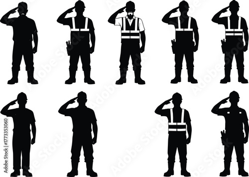 Eight different style illustration of male construction worker silhouette, man saluting in uniform, safety vest, hard hat, respect gesture, professional vector design