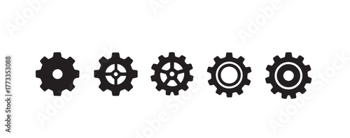 Set of five black gear icons for settings and configuration - cogwheel graphic variations on white.
