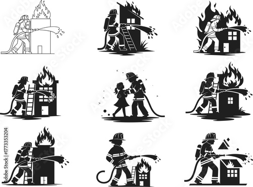 Firefighter vector illustration, emergency response, fire rescue, hose action, building fire, silhouette style, flame control, safety gear, hero scene, ladder, water spray