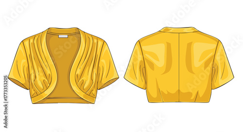 Fashionable ochre bolero jacket showcased front and back, a chic and versatile wardrobe addition revealing garment construction details