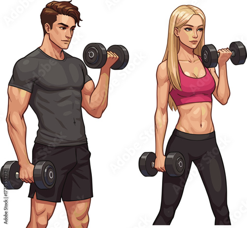 Fitness training vector illustration, man and woman lifting dumbbells, bicep curls, gym workout, strength exercise, healthy lifestyle, flat design, modern fitness