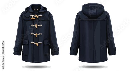 Elegant navy duffle coat illustration showcasing front and back design details for outerwear collections