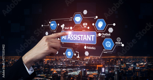 Fototapete A hand interacts with a high-tech AI assistant interface set against a vibrant city skyline at night, showcasing innovation and transformative technology