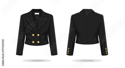 Elegant black cropped blazer illustration with gold buttons viewed from front and back style showcase