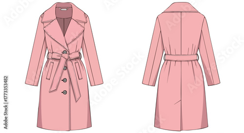 Elegant blush-toned belted trench coat design with a classic double-breasted silhouette and a stylish rear view illustration for fashion design
