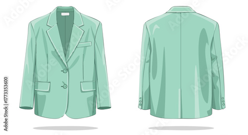 Elegant mint-colored blazer illustration showcasing both front and back details for fashion design and styling inspiration