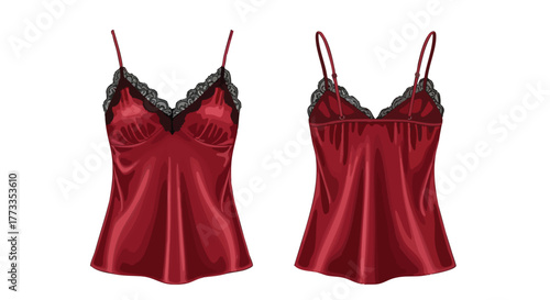 Sultry crimson satin camisole illustration showcasing lace trim and delicate straps a stylish lingerie piece for evening wear