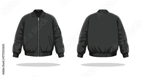Vector illustration showcases a modern black bomber jacket isolated on white background with stylish front and rear views, ready for digital design