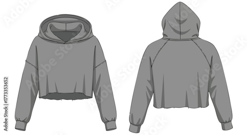 Contemporary cropped hoodie design showcased in a technical flat sketch, emphasizing modern apparel trends for fashion forward individuals