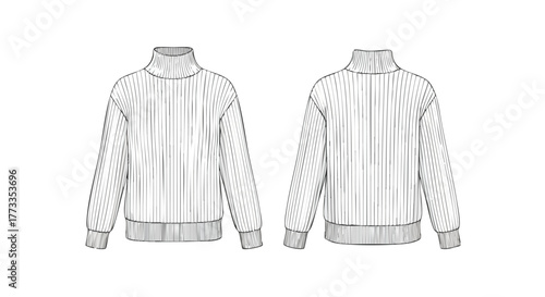Technical fashion illustration showcasing a ribbed turtleneck sweater design from the front and back views for apparel design