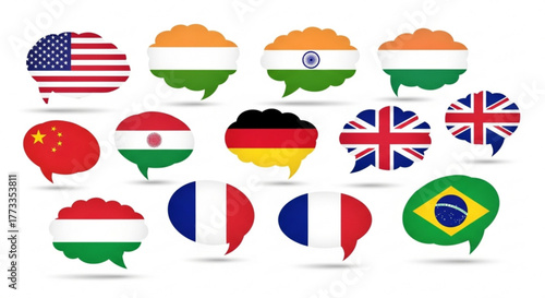 Flags of various countries displayed within speech bubbles on a white background illustration art created with generated ai