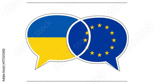 Ukraine and european union flags in speech bubbles symbolizing international relations and dialogue now at play created with generated ai