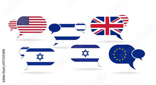 Speech bubbles featuring flags of different countries symbolizing international communication and dialogue created with generated ai
