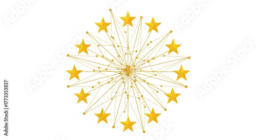 Golden stars arranged in a circular pattern connected by lines and small dots on white background art created with generated ai