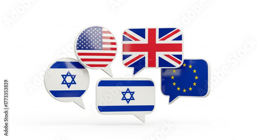Flags of united states, united kingdom, israel and european union in speech bubbles on white background created with generated ai