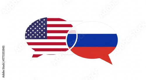 Illustration of united states and russia flags in speech bubbles representing conversation and dialogue created with generated ai