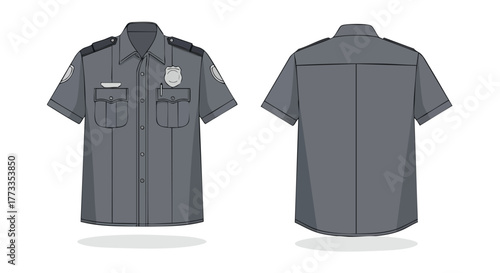 Detailed front and back view of a gray security guard uniform shirt design template illustration isolated for fashion and security concepts