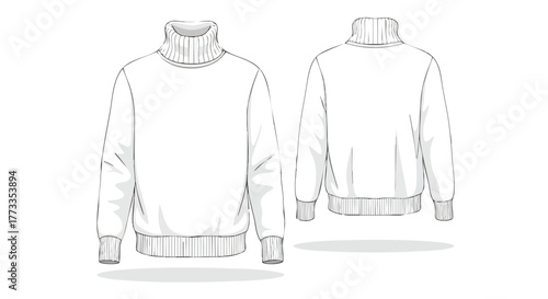 Technical fashion drawing showcasing the front and back view of a casual turtleneck sweater design