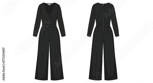 Elegant Long Sleeve Black Jumpsuit Illustration with V-Neckline and Wide Leg Pants for Fashion Design Visualization