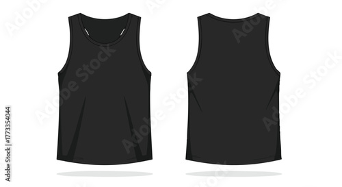 Sleek black tank top illustration featuring front and back view for apparel design visual concepts and marketing showcase needs