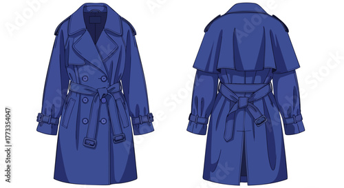 Elegant azure trench coat showcasing the modern double-breasted design, front and back view displayed with a stylish belted silhouette and refined