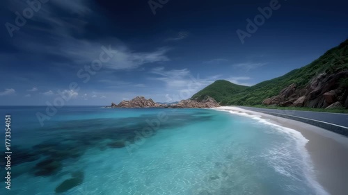 White sand beach and turquoise sea by the highway in Seychelles