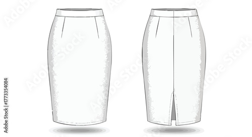 Technical illustration of a classic pencil skirt design showcasing front and back views for fashion design or manufacturing purposes