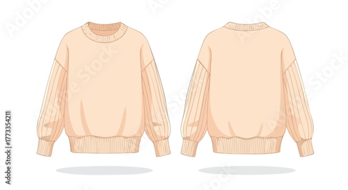 Illustration showcasing the front and back of a knitted peach-toned sweater with balloon sleeves demonstrating a cozy casual style fashion concept